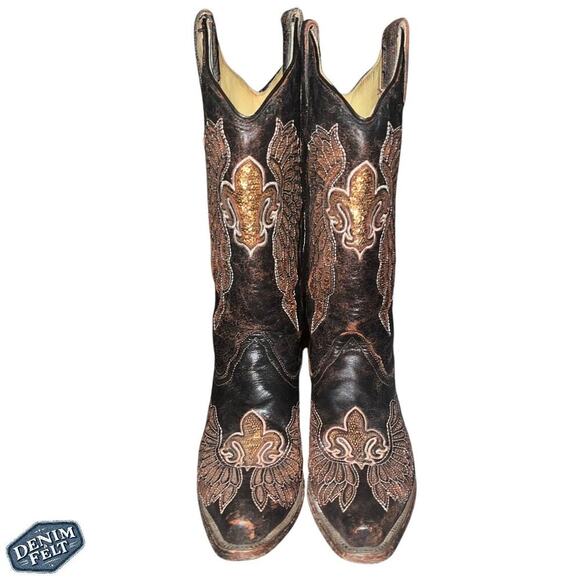 CORRAL WOMENS FLOR DE LIS WINGS BROWN LEATHER SEQUIN WESTERN COWBOY BOOTS - Picture 2 of 16